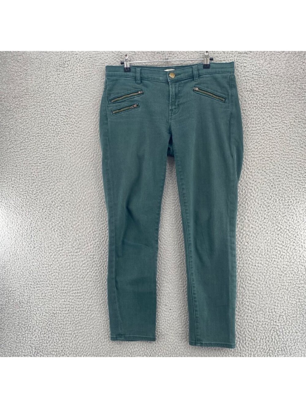 J Crew Jeans Womens 28 Green Cotton Stretch Denim Tapered Leg Ankle Zip Pockets*